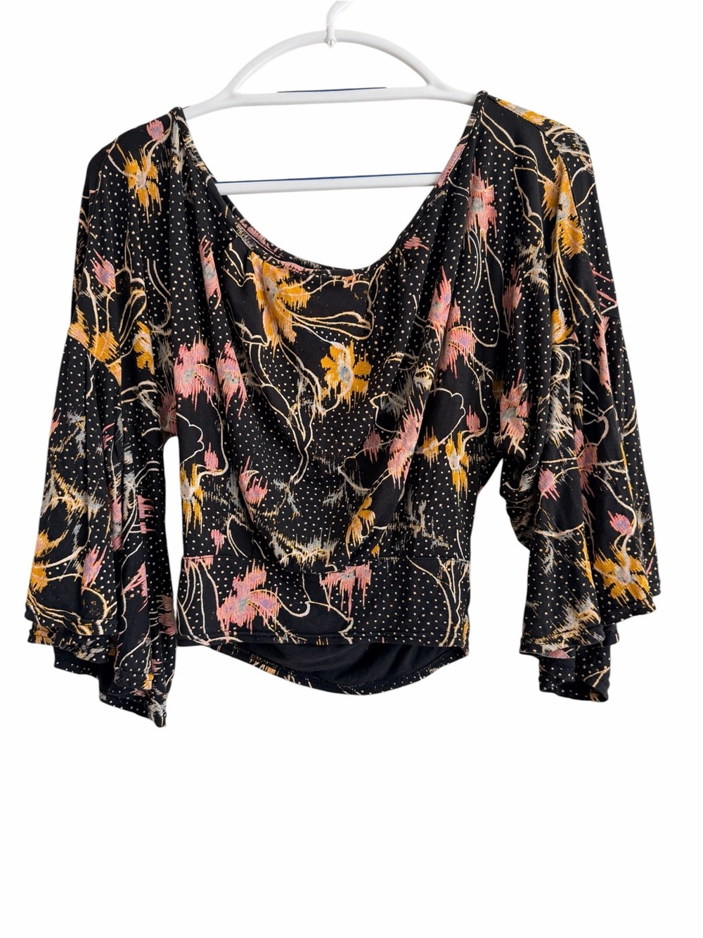 Free People Black Floral Keyhole Flowy Blouse Pink & Yellow Accents Size XS - Picture 3 of 7